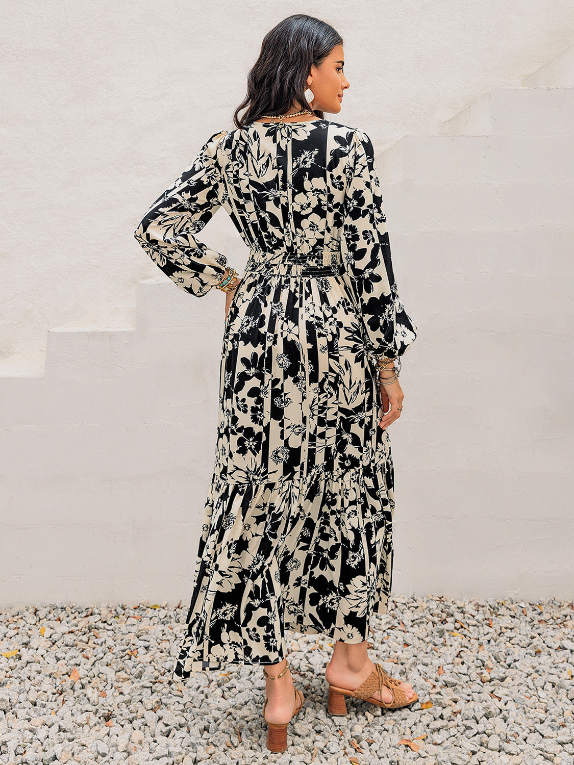 ABS2439GY Smocked Printed Tie Neck Long Sleeve Dress