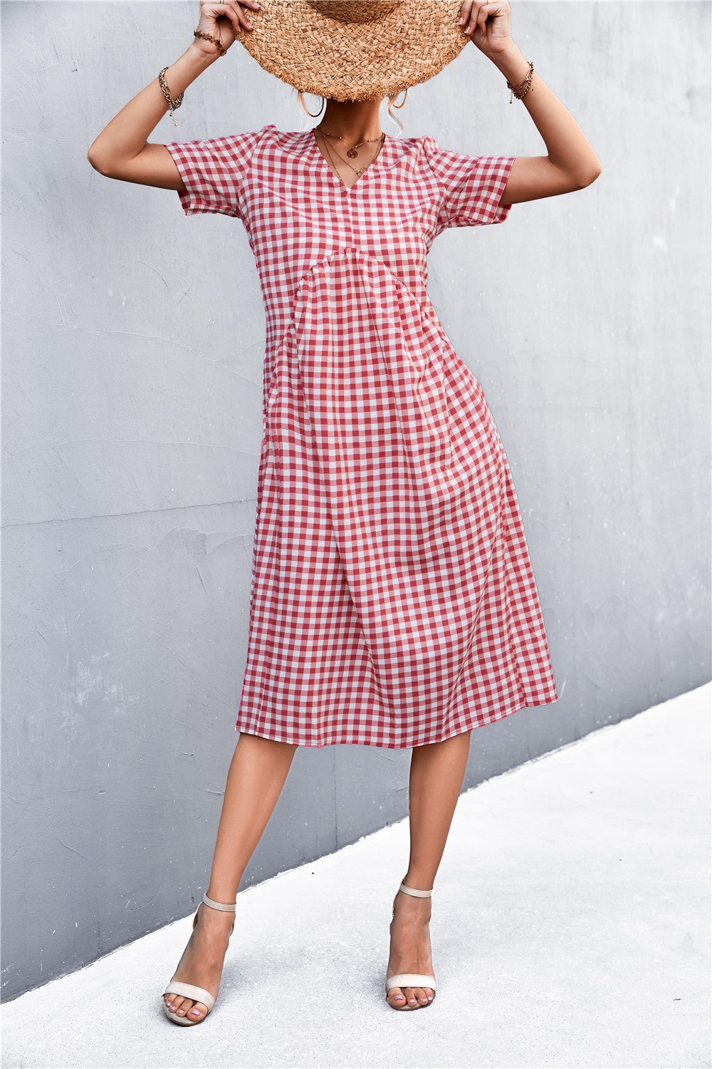 ABC05 Plaid V-Neck Short Sleeve Dress