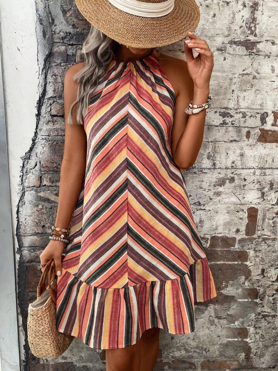 ABS2411BK Striped Grecian Neck Dress