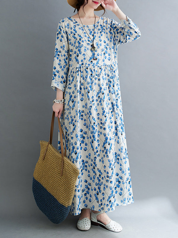 Long Sleeves Loose Flower Print Split-Joint Round-Neck Midi Dresses