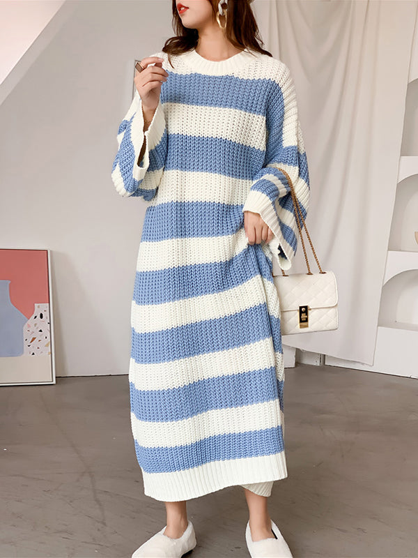 Stylish Loose Striped Round-Neck Sweater Dresses