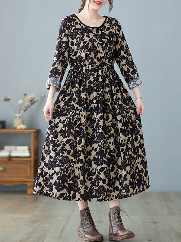 Artistic Retro Ramie Cotton Floral Printed Pleated Round-Neck Long Sleeves Midi Dress