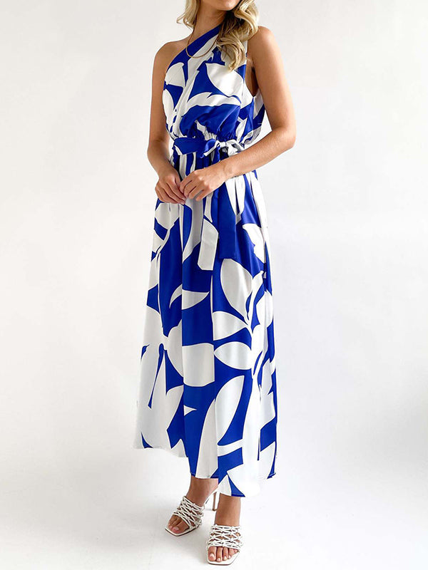 Loose Sleeveless Bandage Contrast Color Hollow Printed One-Shoulder Midi Dresses