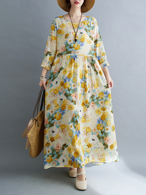 Long Sleeves Loose Flower Print Split-Joint Round-Neck Midi Dresses