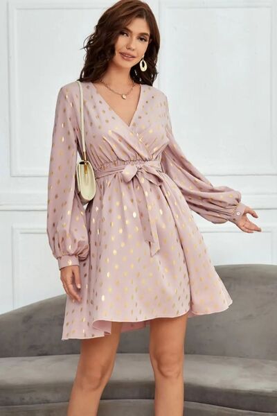 ABS2406DBL Tied Printed Surplice Long Sleeve Dress