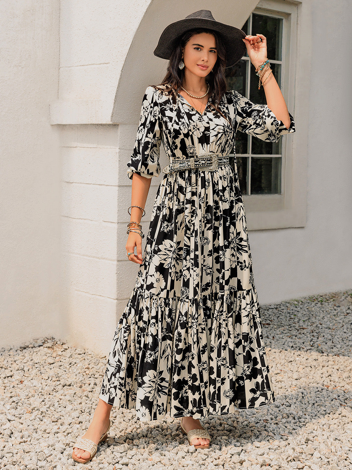 ABS2439GY Smocked Printed Tie Neck Long Sleeve Dress