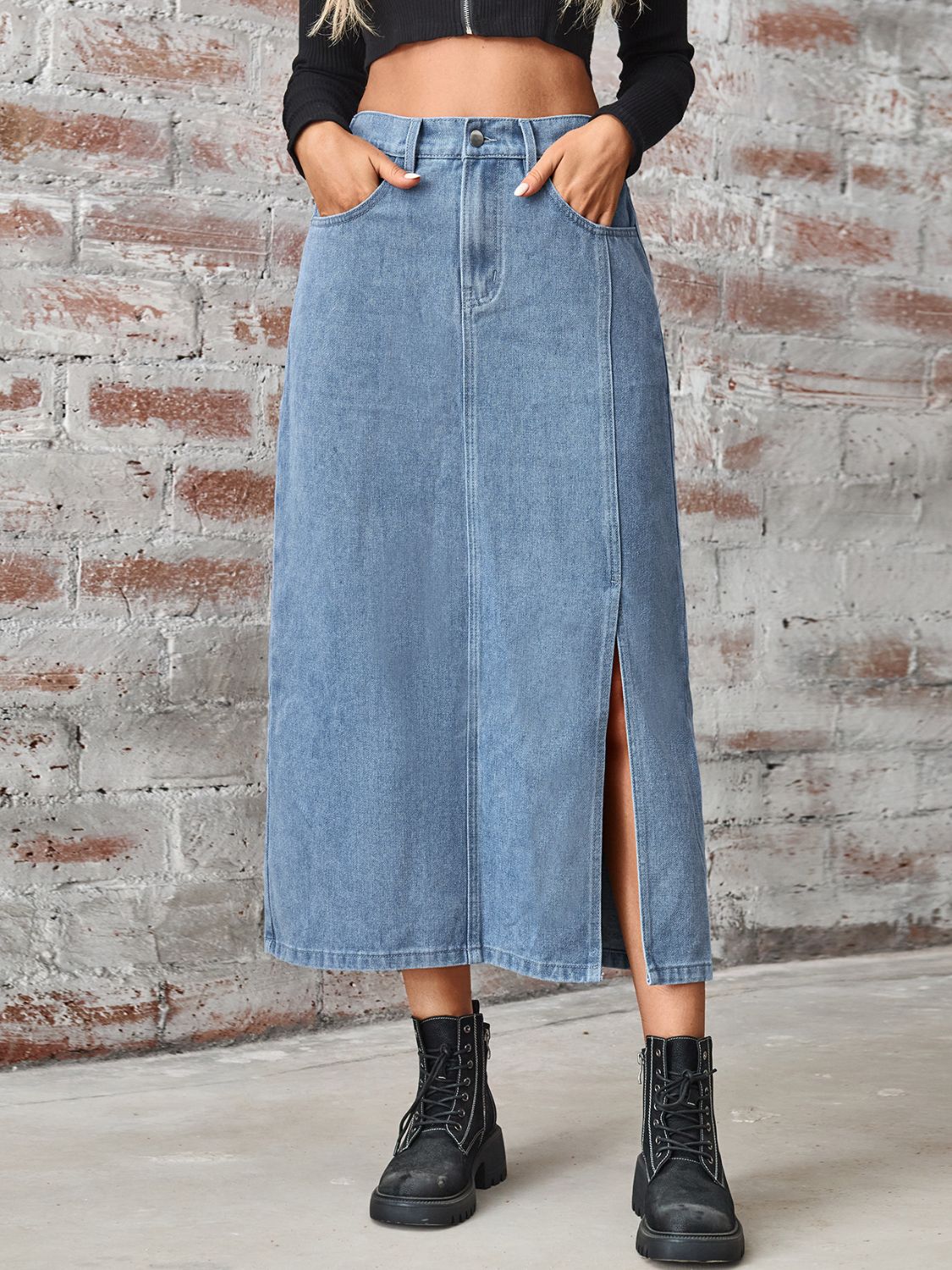 ABS2454BK Slit High Waist Denim Skirt with Pockets