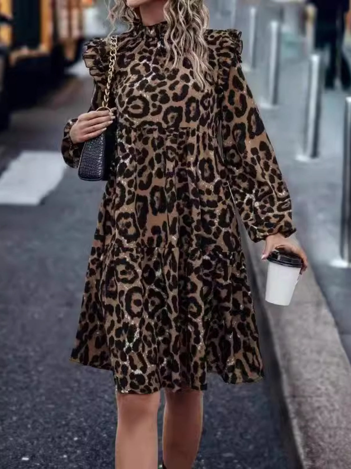 ABS2447GY Ruffled Leopard Mock Neck Long Sleeve Mini Dress