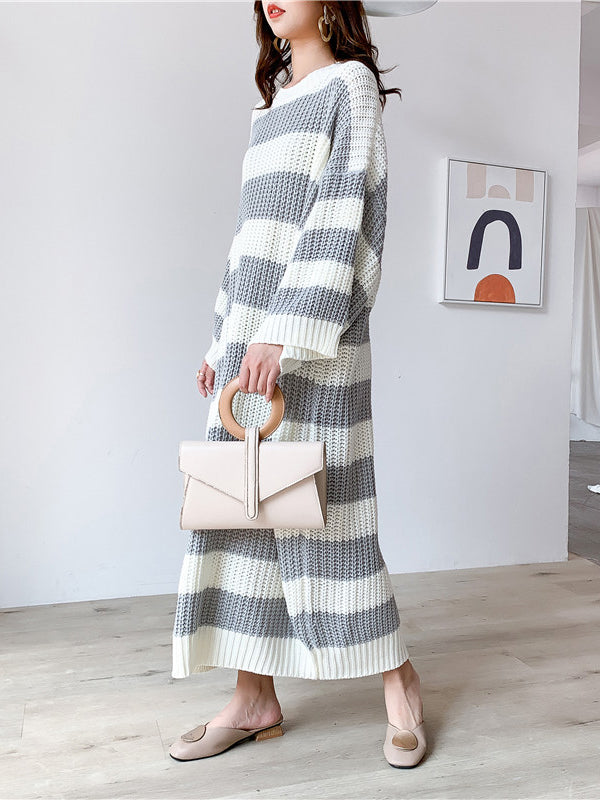 Stylish Loose Striped Round-Neck Sweater Dresses