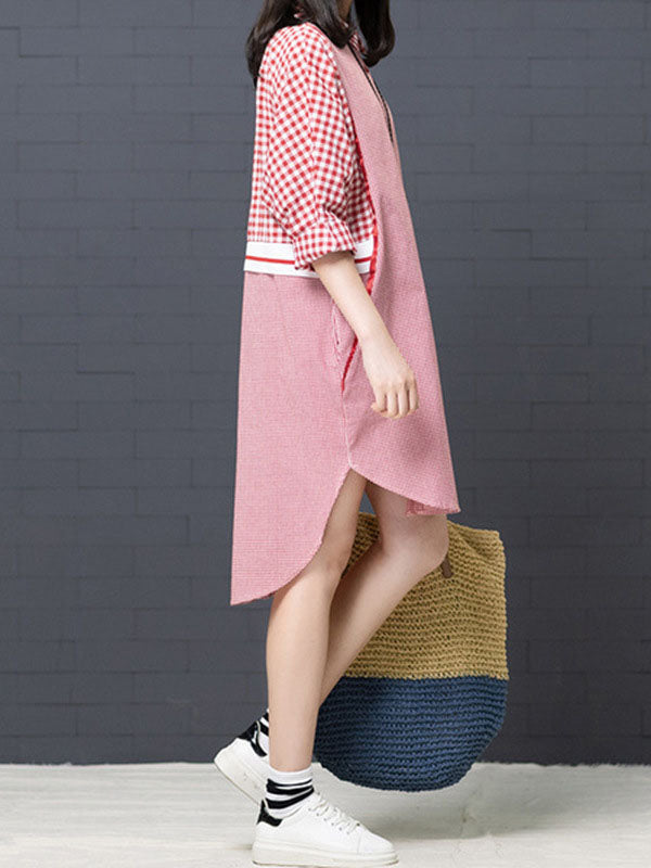 High-Low Loose Buttoned Contrast Color Plaid Split-Joint Lapel Midi Dresses Shirt Dress