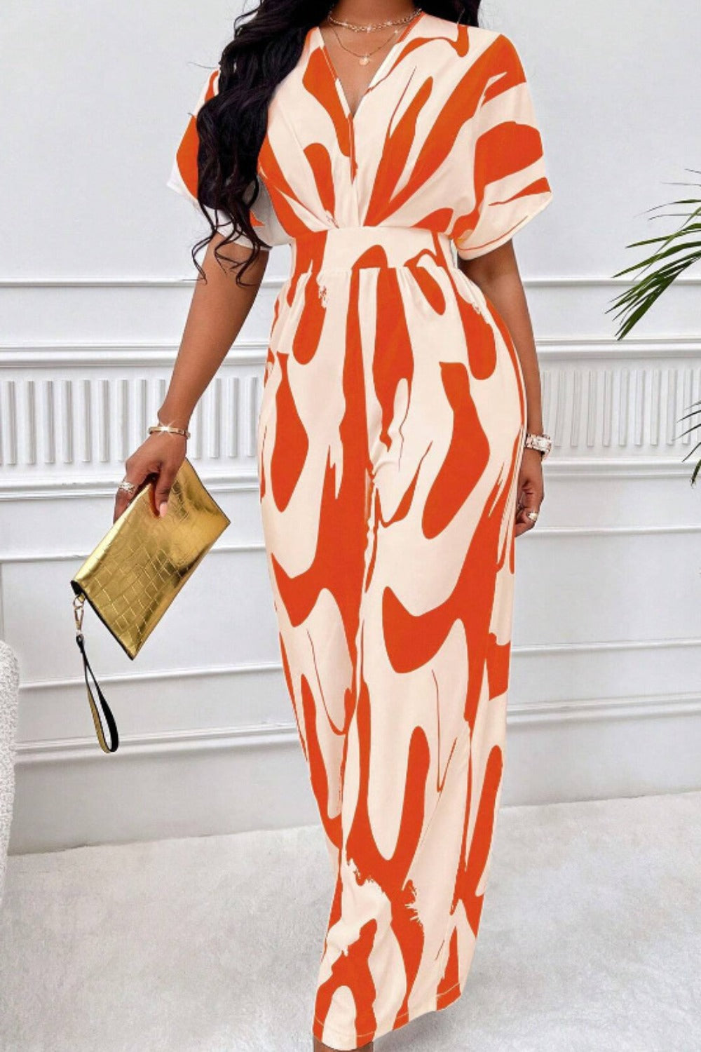 ABT44 Printed V-Neck Short Sleeve Wide Leg Jumpsuit