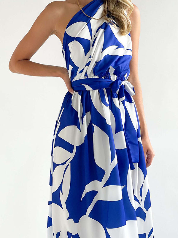 Loose Sleeveless Bandage Contrast Color Hollow Printed One-Shoulder Midi Dresses