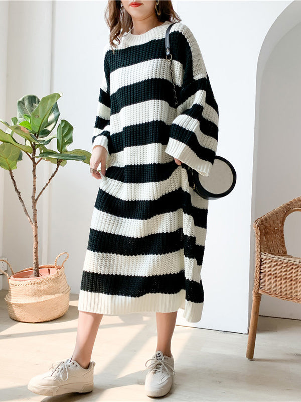 Stylish Loose Striped Round-Neck Sweater Dresses