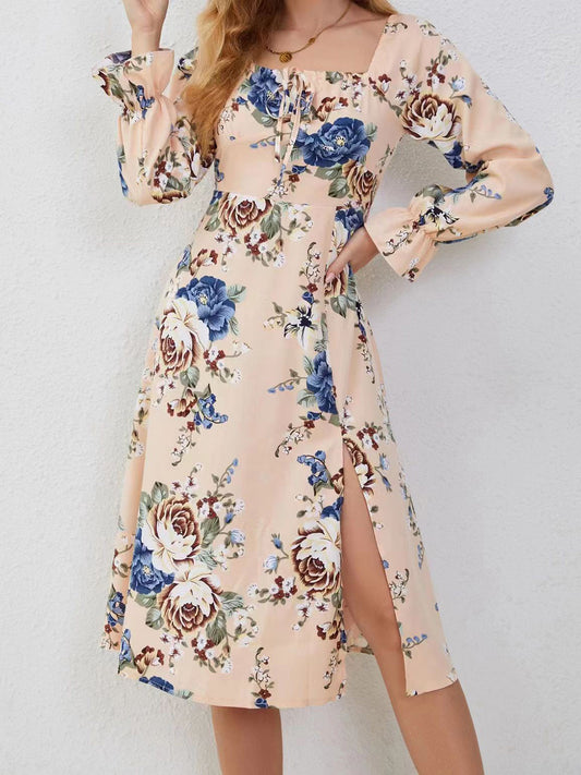 ABS2450GY Slit Printed Square Neck Flounce Sleeve Dress