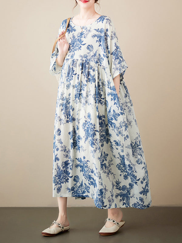 ABT51WT Loose Short Sleeves Floral Printed Pleated Split-Joint Round-Neck Midi Dresses