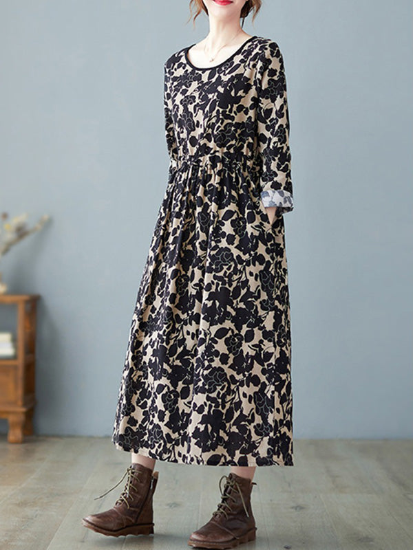 Artistic Retro Ramie Cotton Floral Printed Pleated Round-Neck Long Sleeves Midi Dress