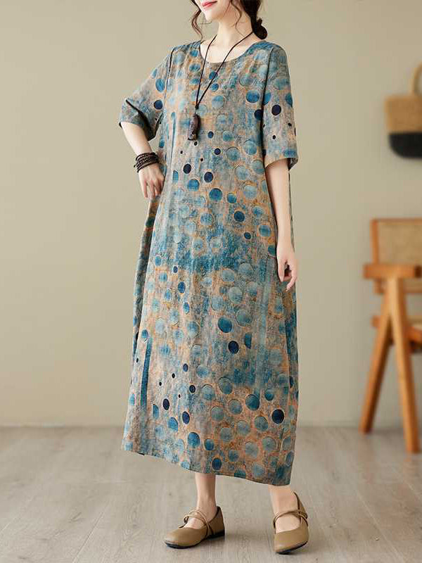 Half Sleeves Loose Contrast Color Polka-Dot Printed Round-Neck Midi Dresses