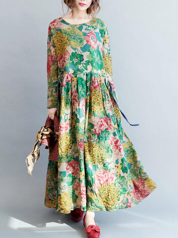 National Style Flower Printed Long Dress