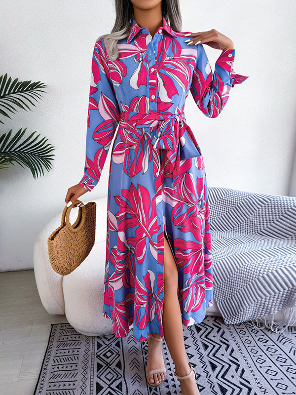 Long Sleeves Loose Printed Split-Joint Tied Waist Lapel Shirt Dress