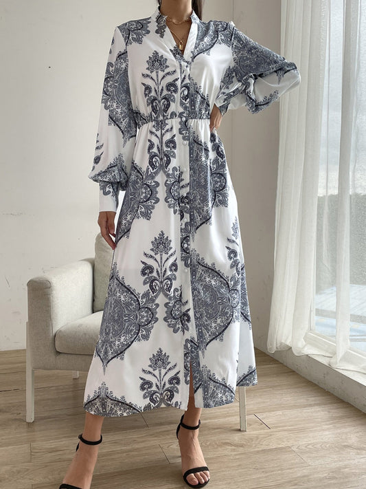 Printed Notched Lantern Sleeve Midi Dress