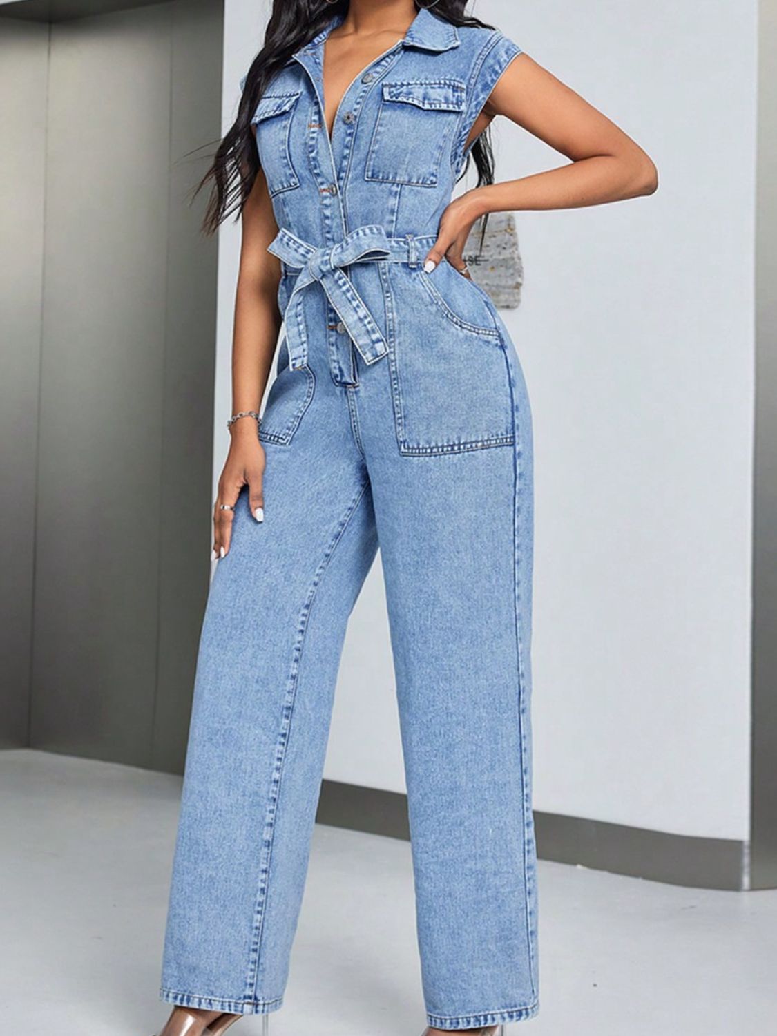 ABP3002BL Tied Half Button Denim Jumpsuit with Pockets