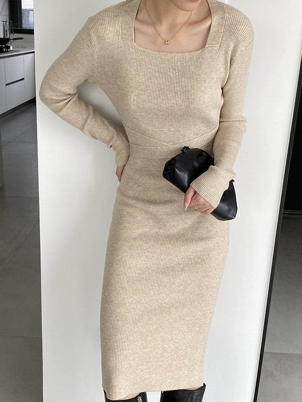 Simple Skinny Long Sleeves Solid Color Square-Neck Sweater Dresses