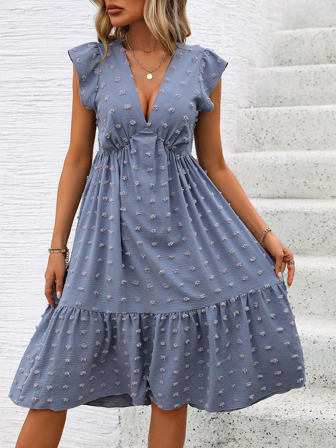 ABS2449WT Swiss Dot V-Neck Cap Sleeve Dress