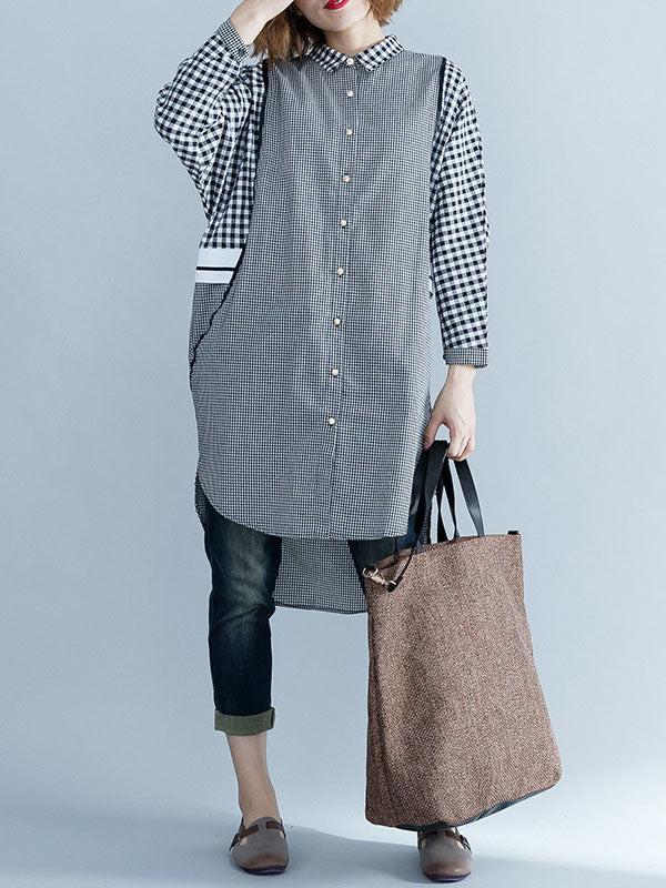 High-Low Loose Buttoned Contrast Color Plaid Split-Joint Lapel Midi Dresses Shirt Dress