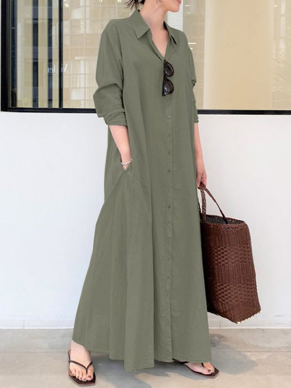 Original Solid Color Lapel Shirt Dress