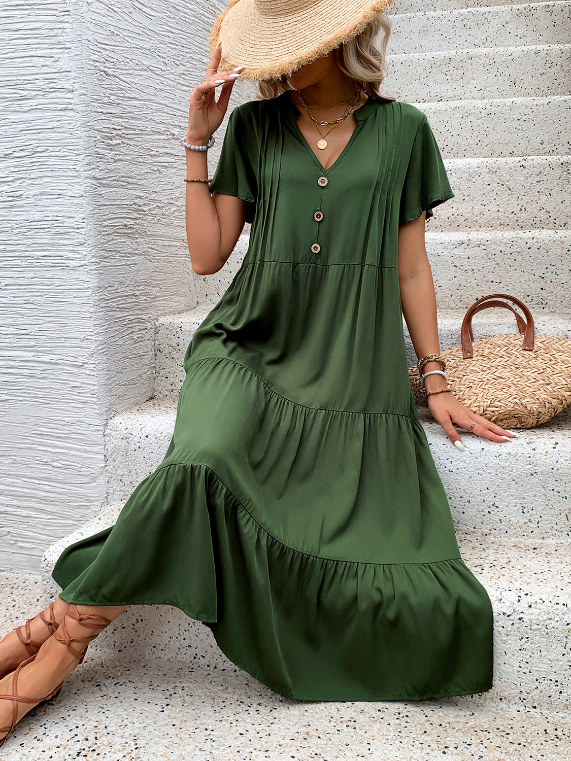 ABC16 Tiered Notched Short Sleeve Midi Dress