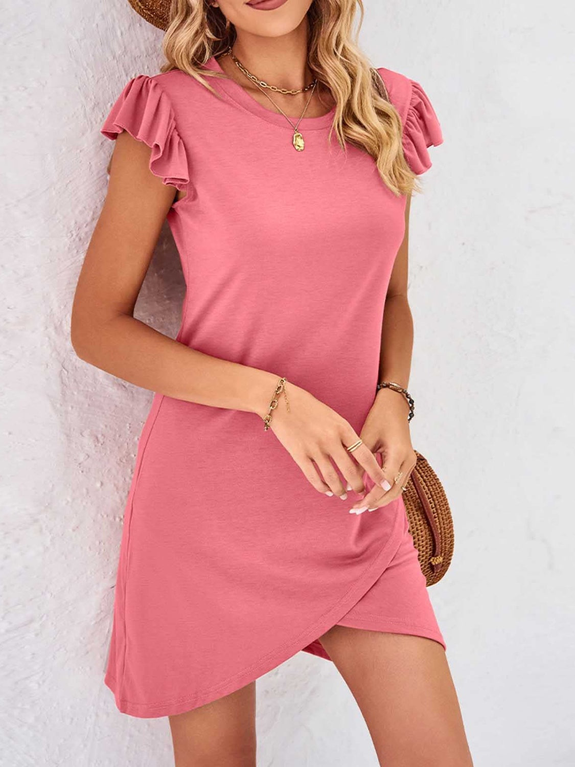 Ruffled Round Neck Cap Sleeve Mini Dress