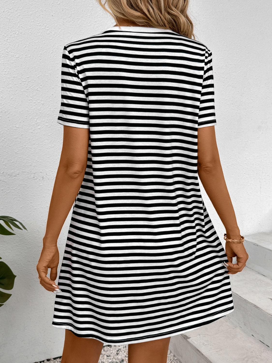 ABT15stri Striped Round Neck Short Sleeve Dress