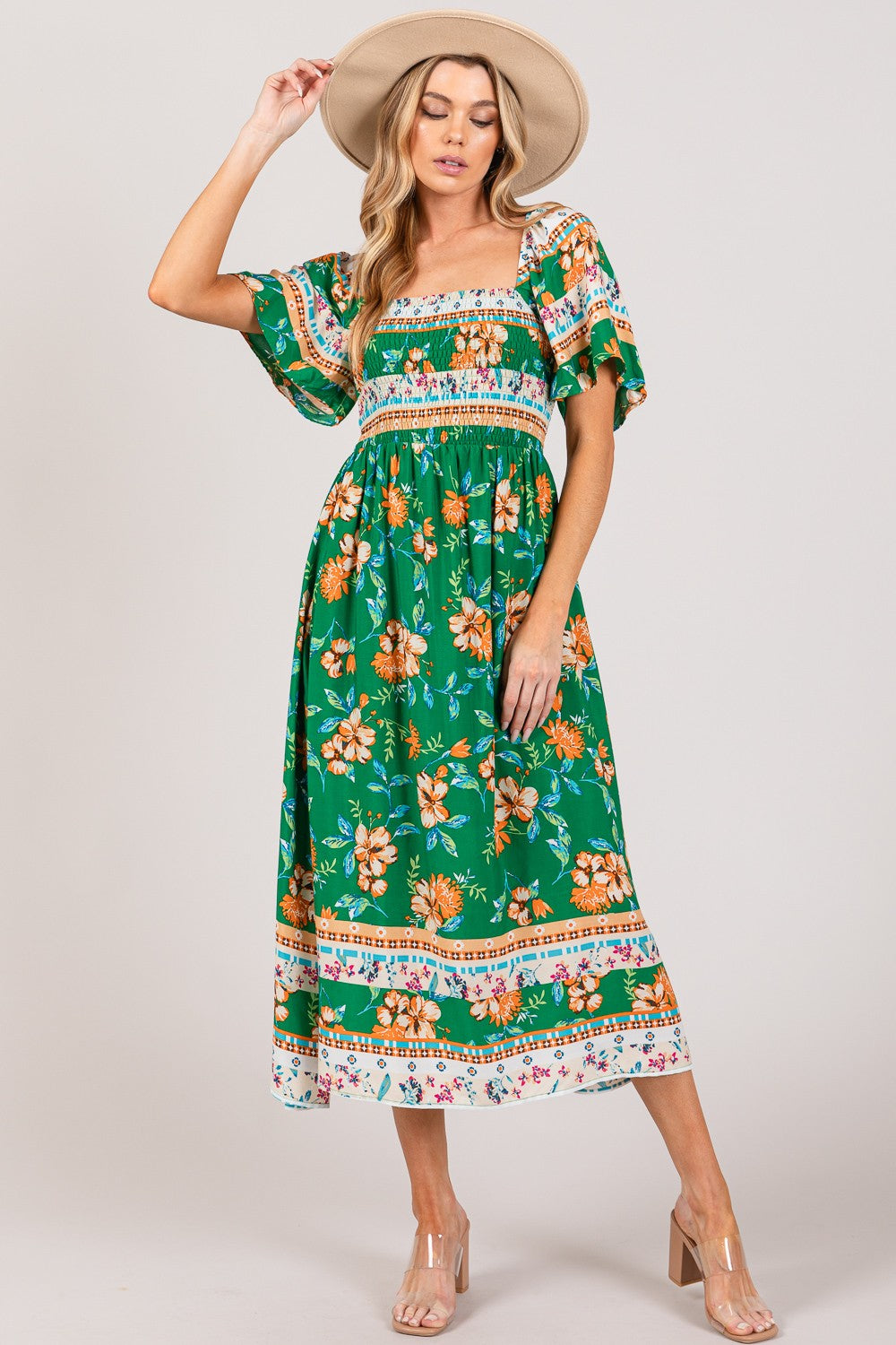 SPR090GN Printed Smocked Short Sleeve Midi Dress