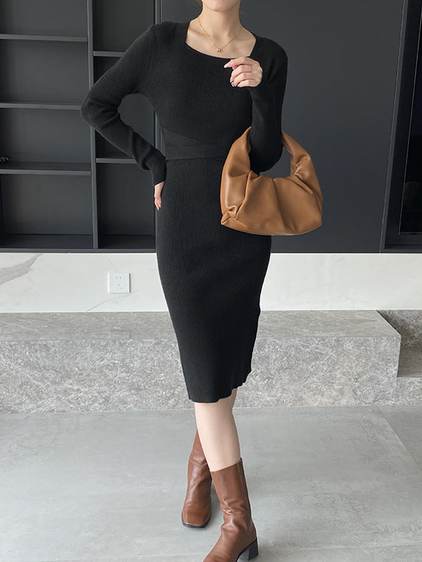 Simple Skinny Long Sleeves Solid Color Square-Neck Sweater Dresses