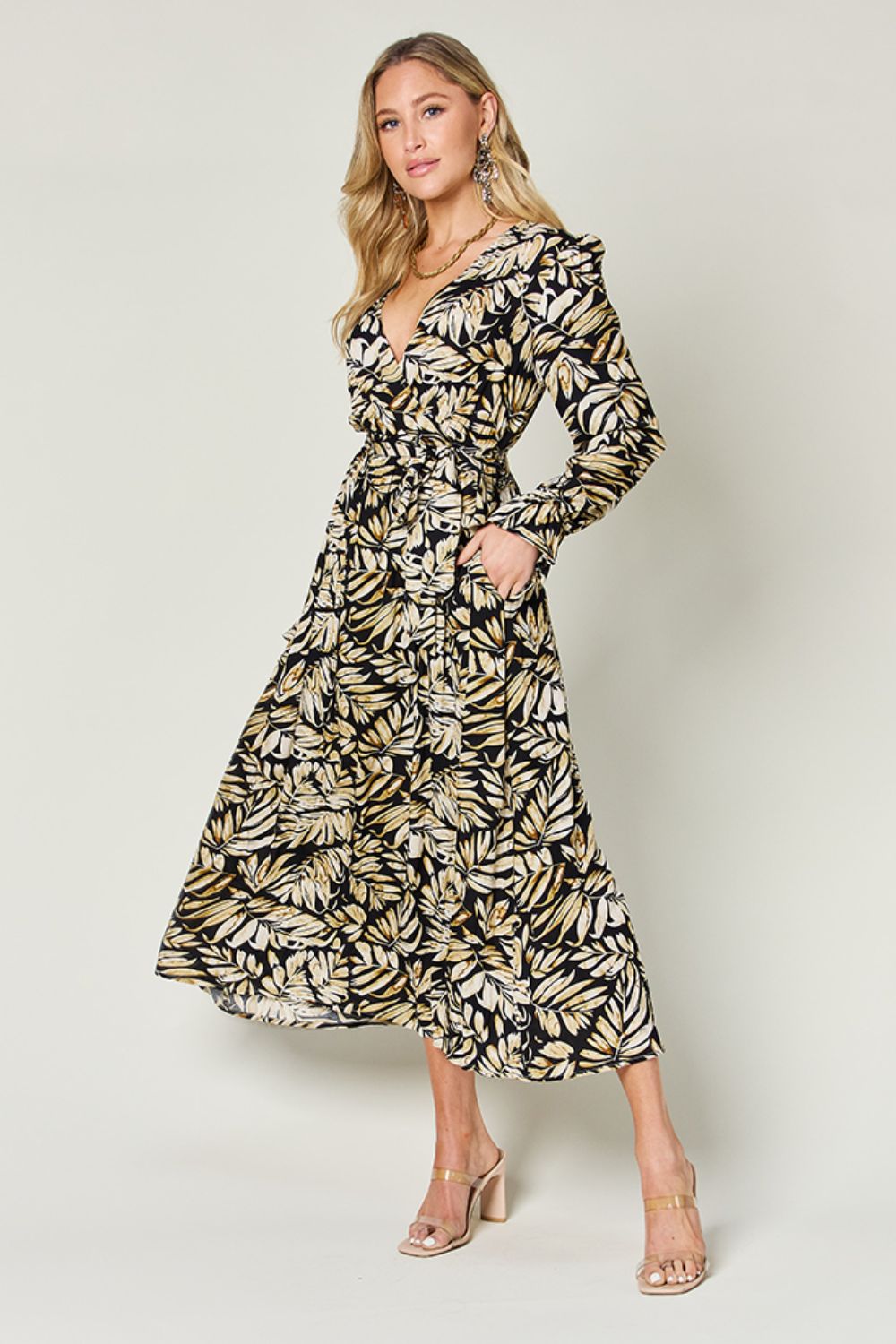 ABS2440GY Double Take Full Size Tie Back Flounce Sleeve Dress