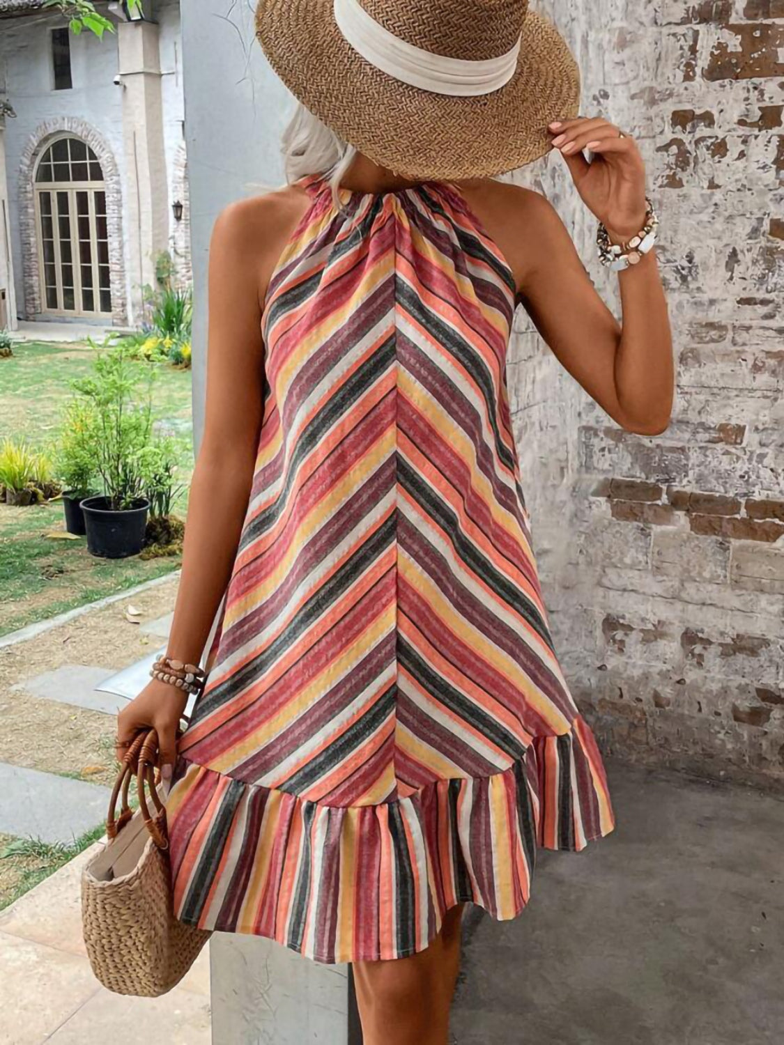 ABS2411BK Striped Grecian Neck Dress