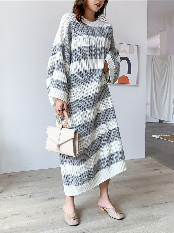 Stylish Loose Striped Round-Neck Sweater Dresses