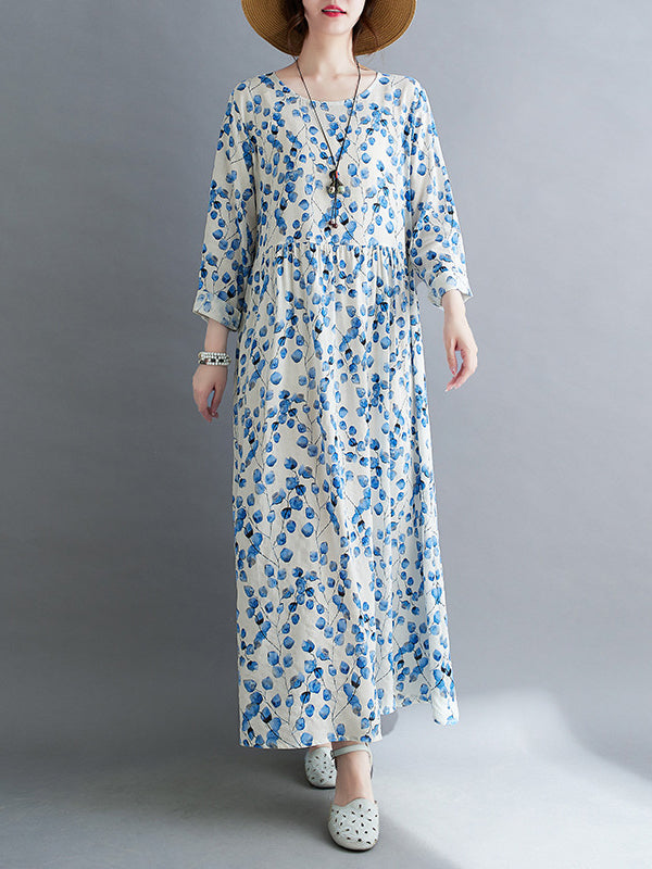 Long Sleeves Loose Flower Print Split-Joint Round-Neck Midi Dresses