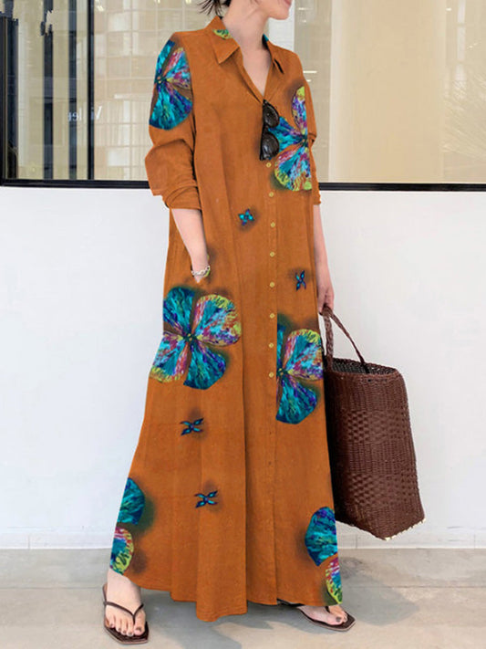 ABNW03 Vintage Floral Printed Lapel Oversize Maxi Dress