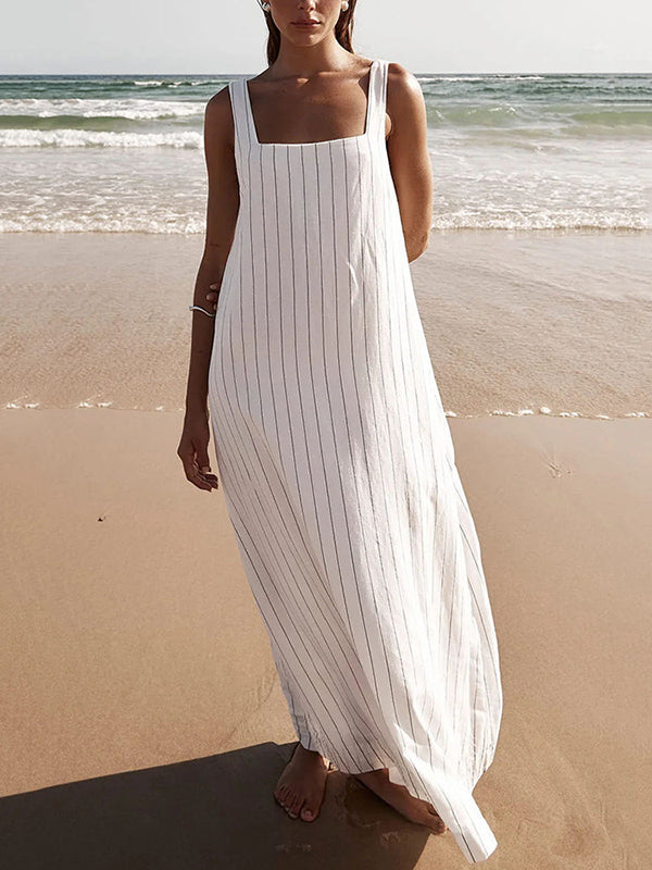 ABC10WT A-Line Loose Striped Square-Neck Maxi Dresses