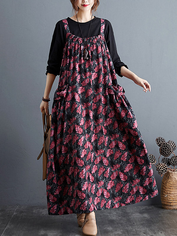 Artistic Retro Ramie Cotton Loose 3 Colors Floral Printed Square-Neck Sleeveless Strap Dress