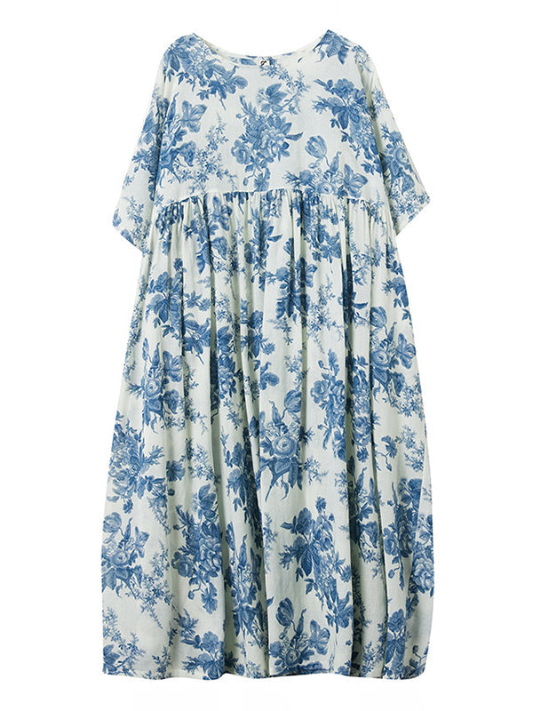 ABT51WT Loose Short Sleeves Floral Printed Pleated Split-Joint Round-Neck Midi Dresses