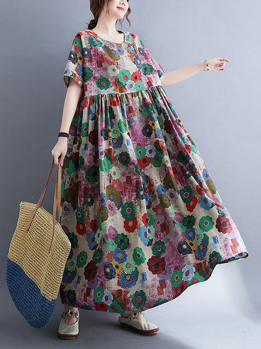 ABC08 Vintage Loose Multi-Colored Floral Printed Midi Dress