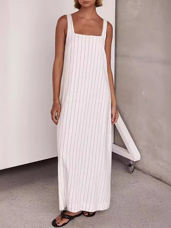 ABC10WT A-Line Loose Striped Square-Neck Maxi Dresses