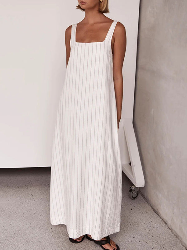 ABC10WT A-Line Loose Striped Square-Neck Maxi Dresses