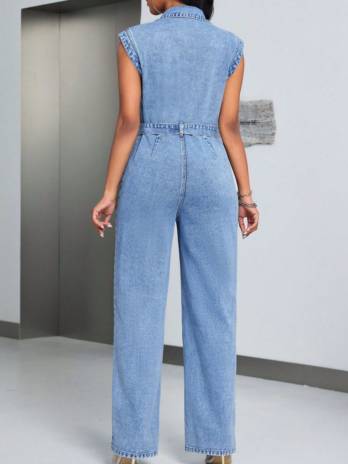 ABP3002BL Tied Half Button Denim Jumpsuit with Pockets