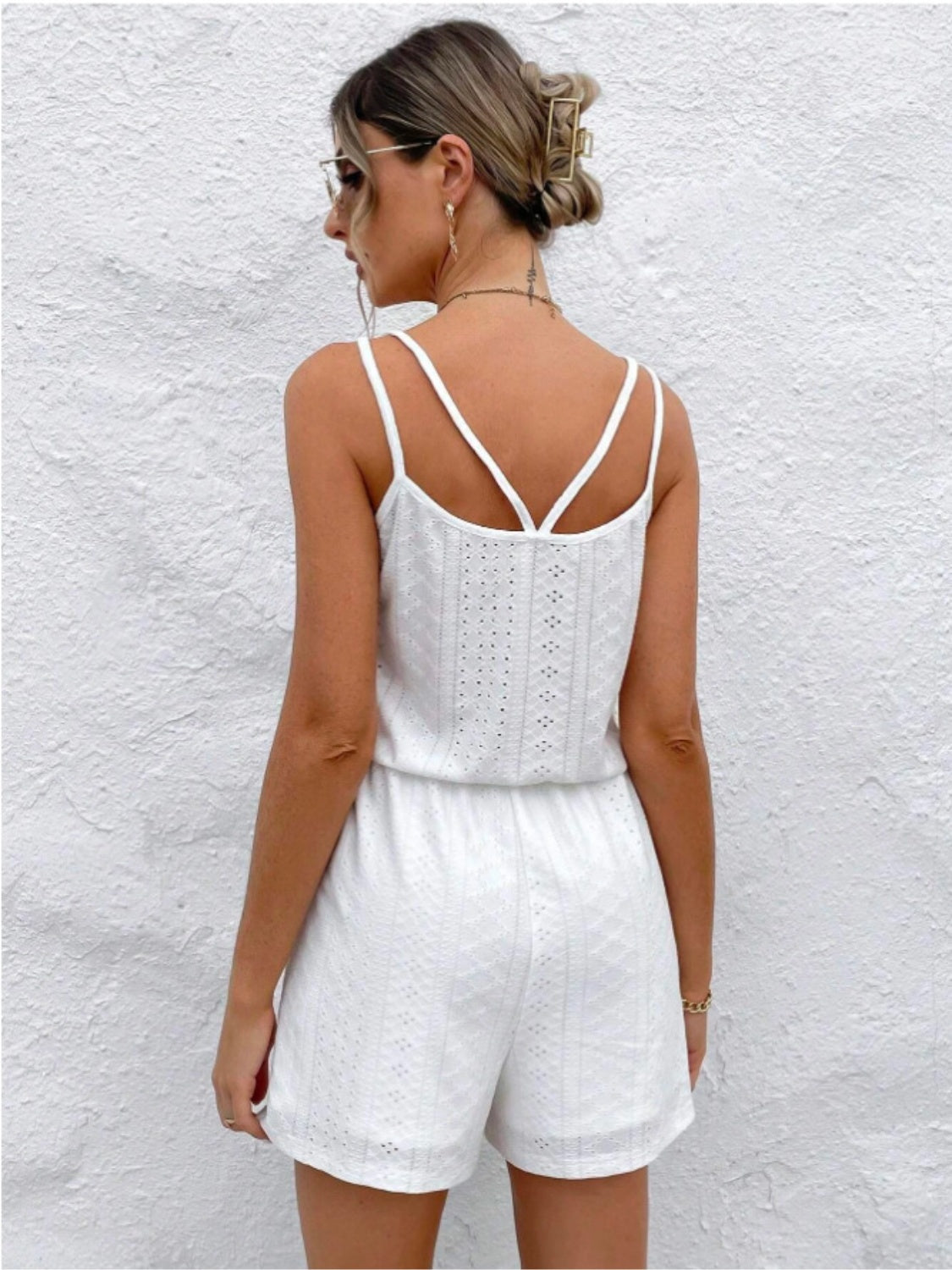 ABC01 Eyelet Scoop Neck Double Spaghetti Straps Romper