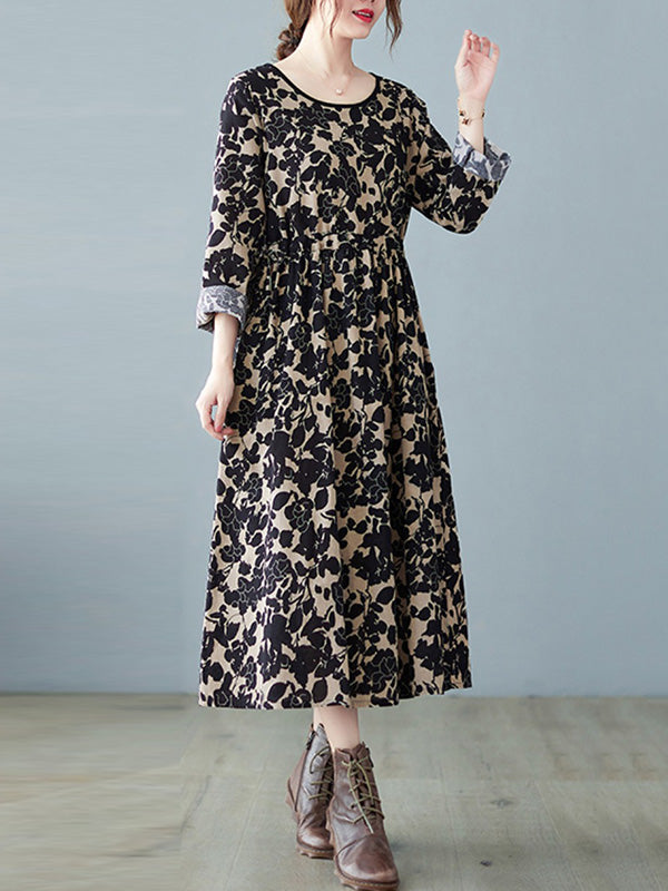 Artistic Retro Ramie Cotton Floral Printed Pleated Round-Neck Long Sleeves Midi Dress