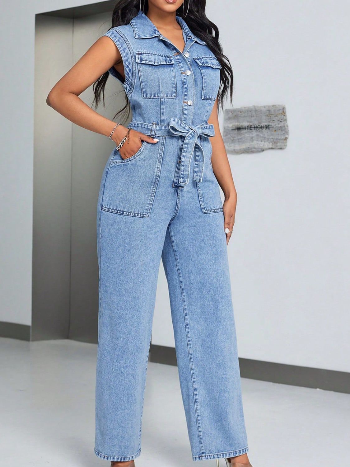 ABP3002BL Tied Half Button Denim Jumpsuit with Pockets