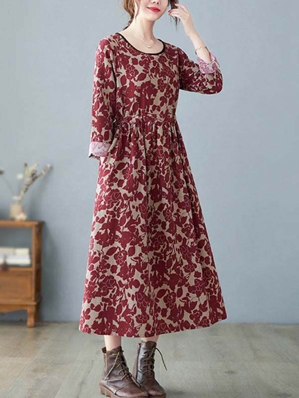 Artistic Retro Ramie Cotton Floral Printed Pleated Round-Neck Long Sleeves Midi Dress